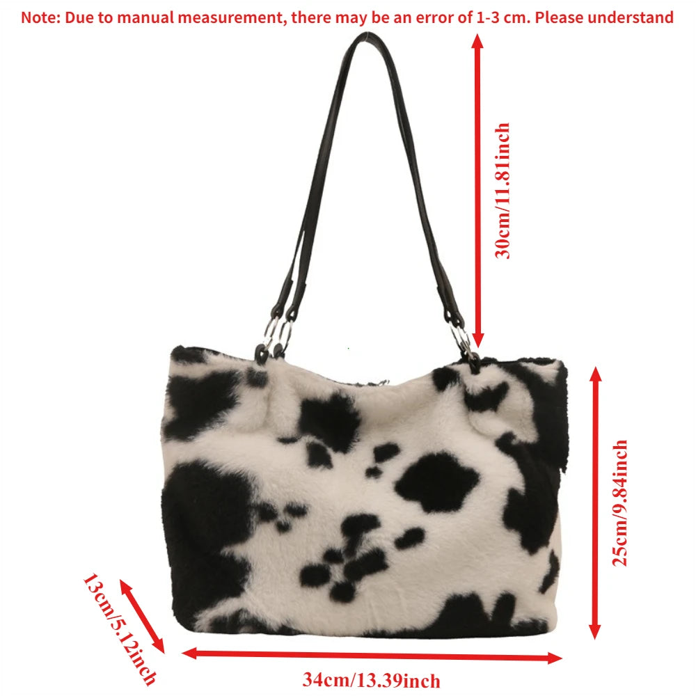 Plush Cow Print Large Capacity Tote Bag | Winter Travel Shoulder Bag