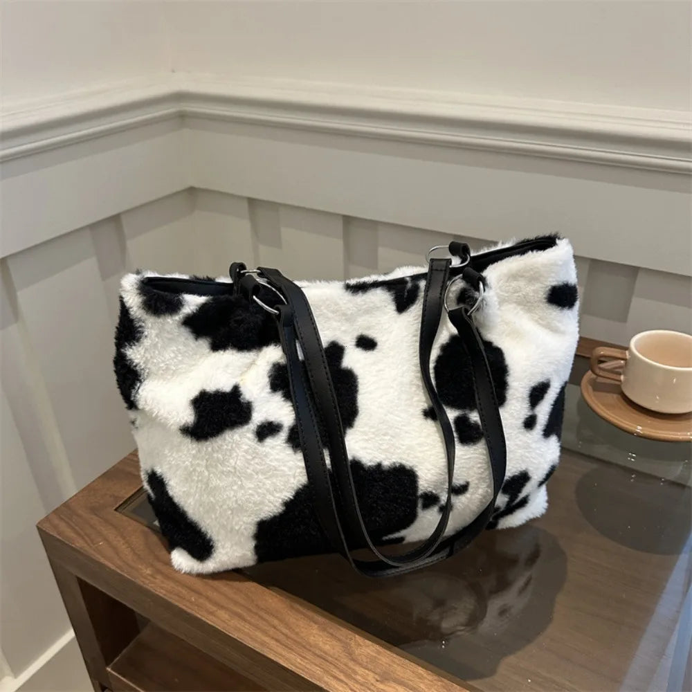 Plush Cow Print Large Capacity Tote Bag | Winter Travel Shoulder Bag