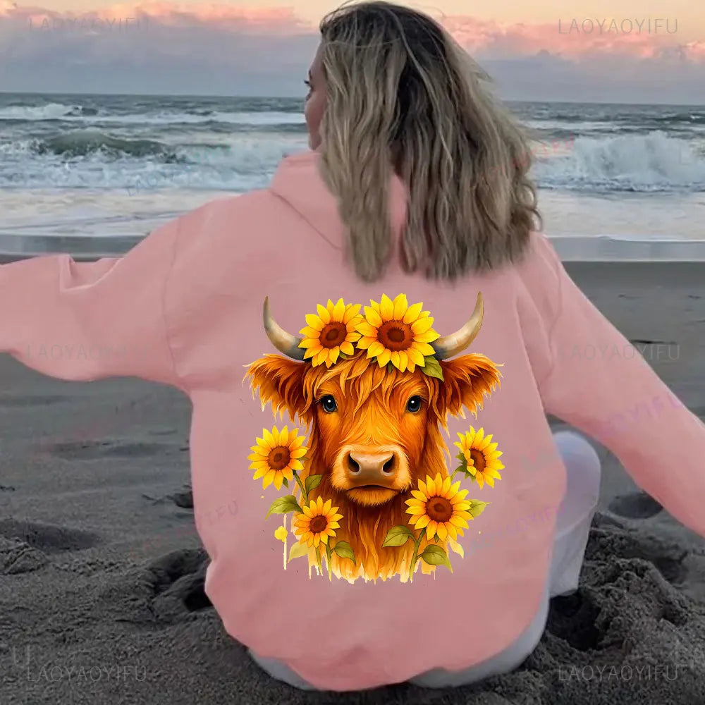 • : Highland Cow Print Hoodie for Women – Alphabet & Animal Pattern Sweatshirt with Pocket