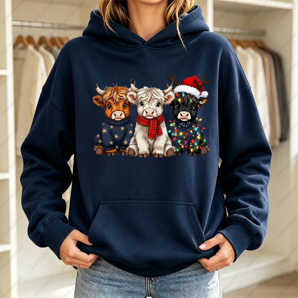 Cute Highland Cow Christmas Hoodie - Winter Holiday Pullover