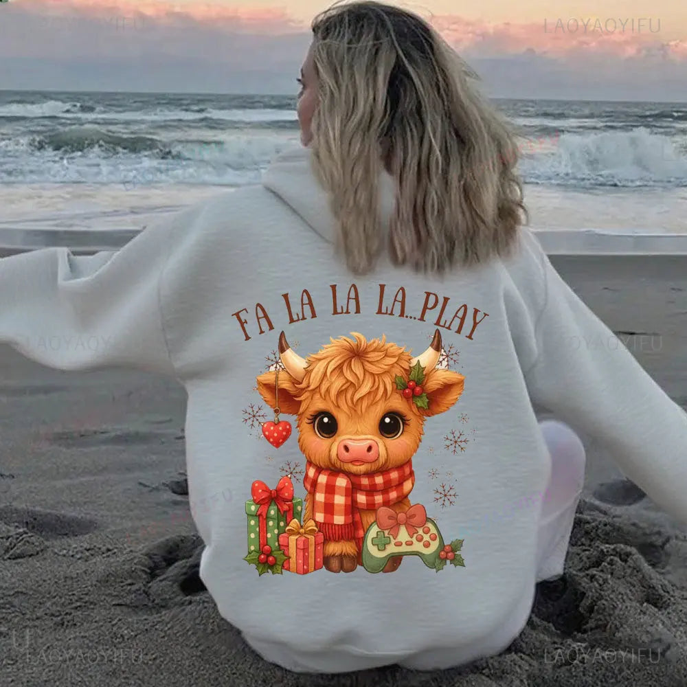 • : Highland Cow Print Hoodie for Women – Alphabet & Animal Pattern Sweatshirt with Pocket