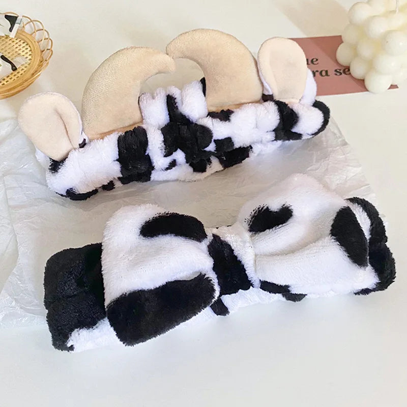 Cozy Cow Print Plush Spa Headband Set – Fluffy Skincare & Makeup Hair Accessories for Winter