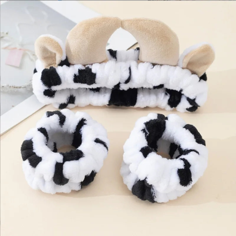 Cozy Cow Print Plush Spa Headband Set – Fluffy Skincare & Makeup Hair Accessories for Winter