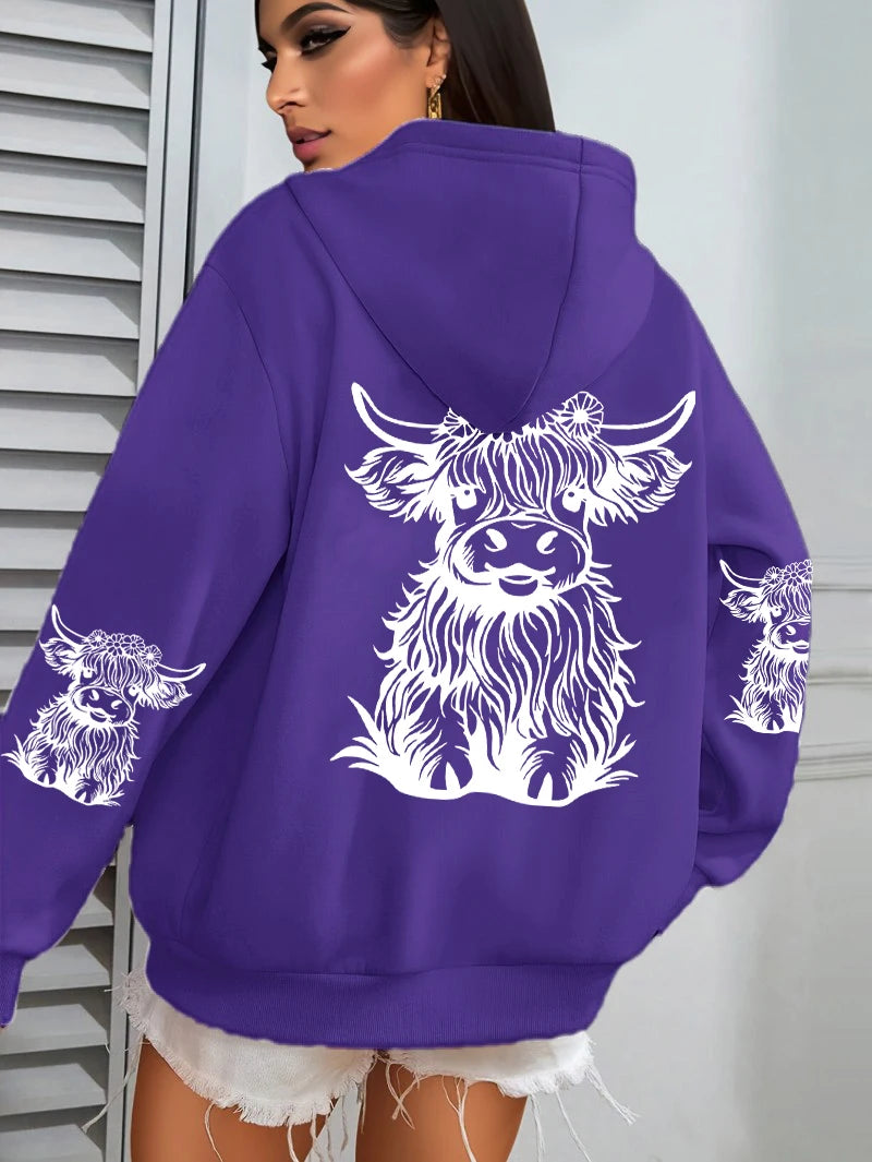 Cute Cartoon Cow Print Hoodie – Women's Winter Fleece Sweatshirt with Pocket