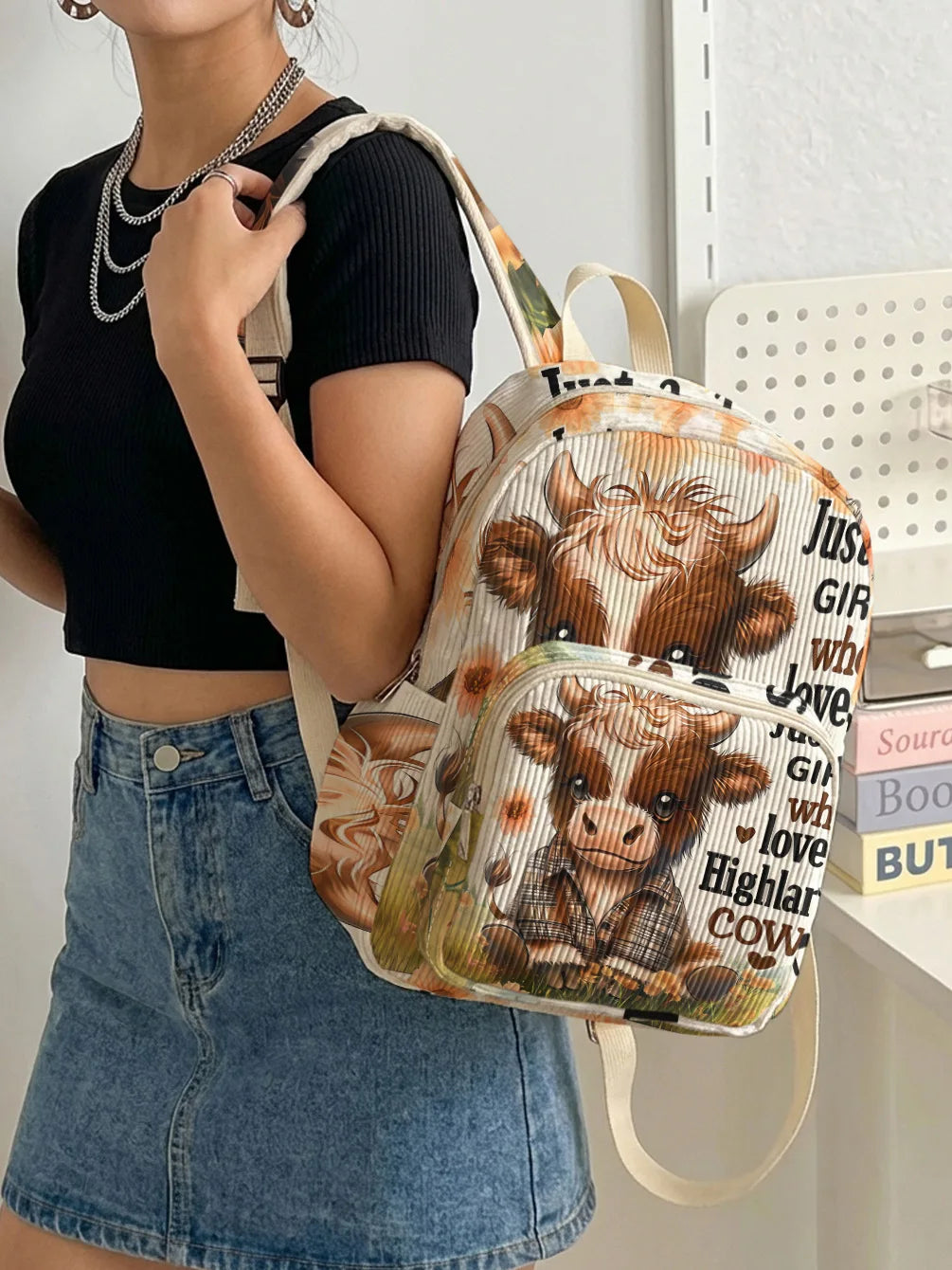 Highland Cow Corduroy Backpack - Large Capacity Commuter Bag