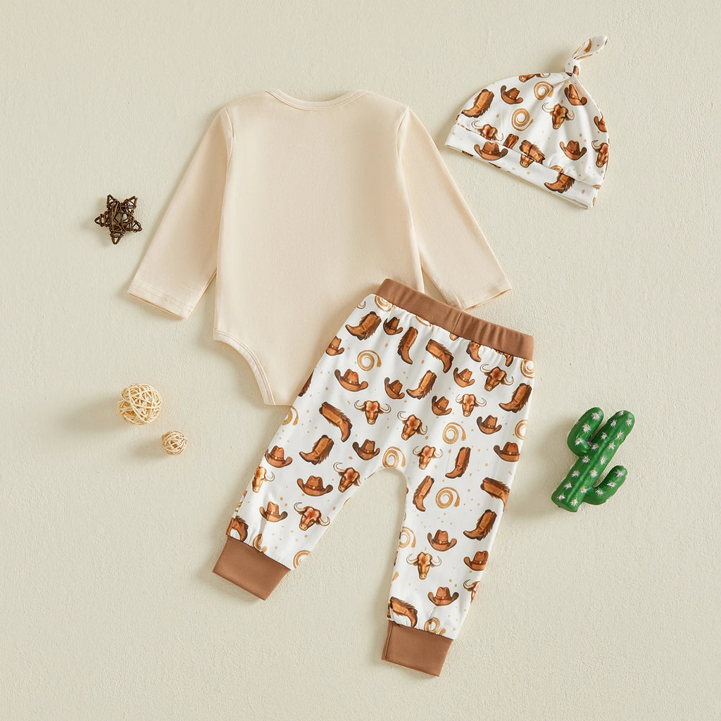 Baby Boy Letter Romper & Cow Print Pants Set with Matching Hat