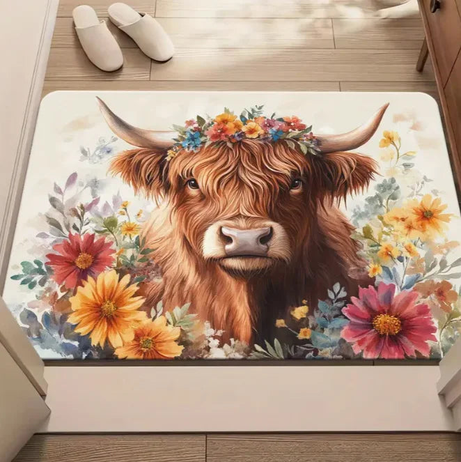 Enchanting Highland Cow Floral Welcome Mat