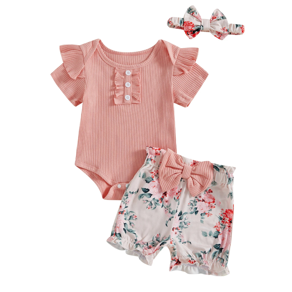 Baby Girl Cow Print & Floral Shorts Romper Set