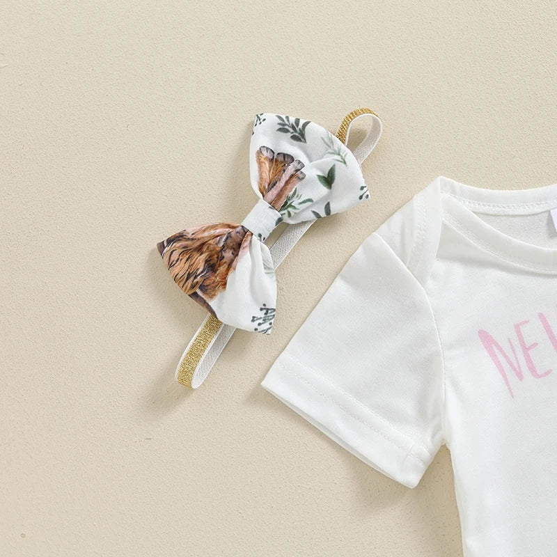 Baby Girl Citgeett Summer Romper & Elastic Pants Set with Bow Headband