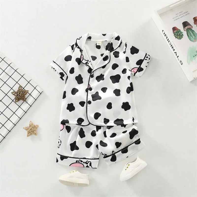 Kids Cartoon Cow Pajama Set – Short Sleeve Top & Pants Sleepwear