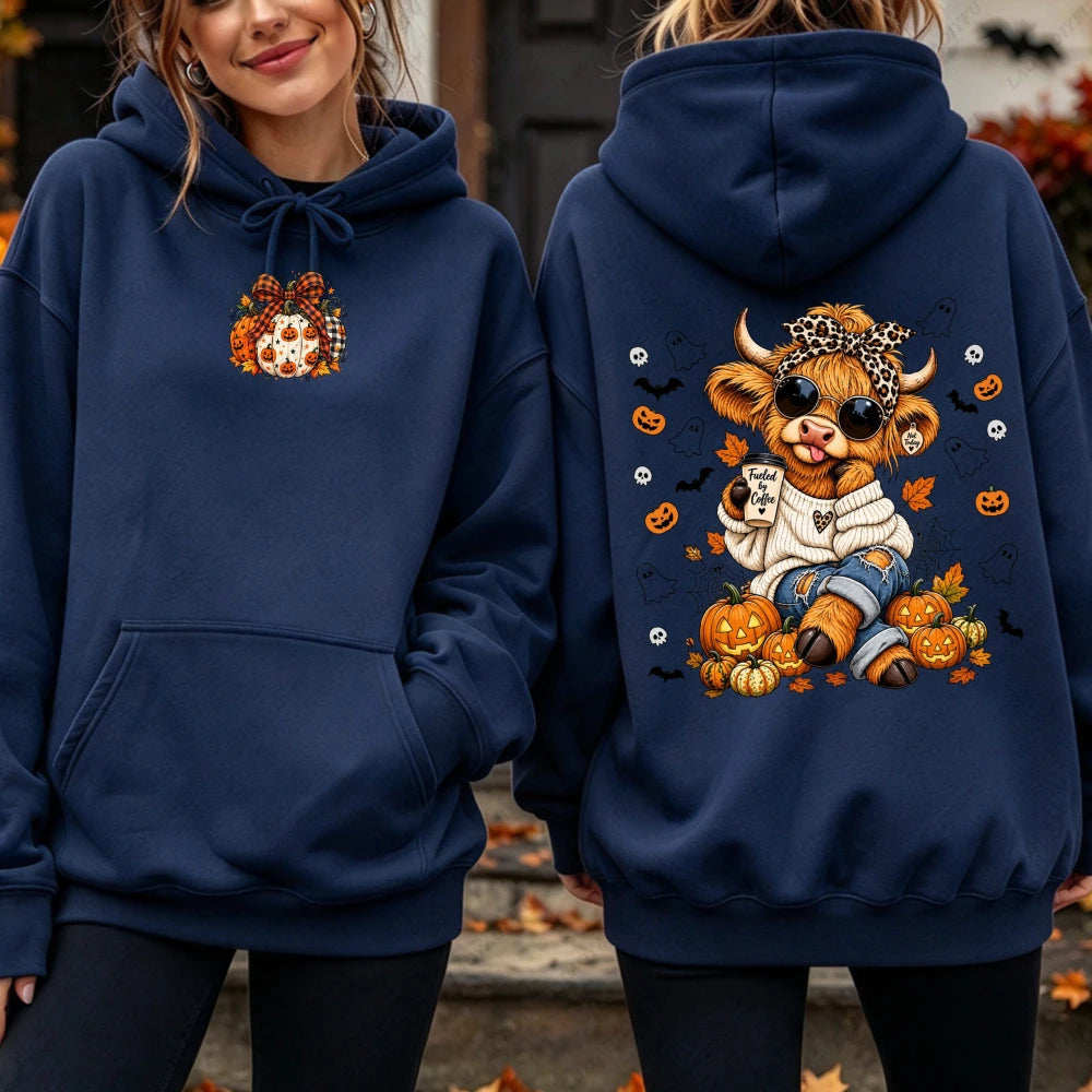Highland Cow Pumpkin Coffee Hoodie - Cute Fall Pullover