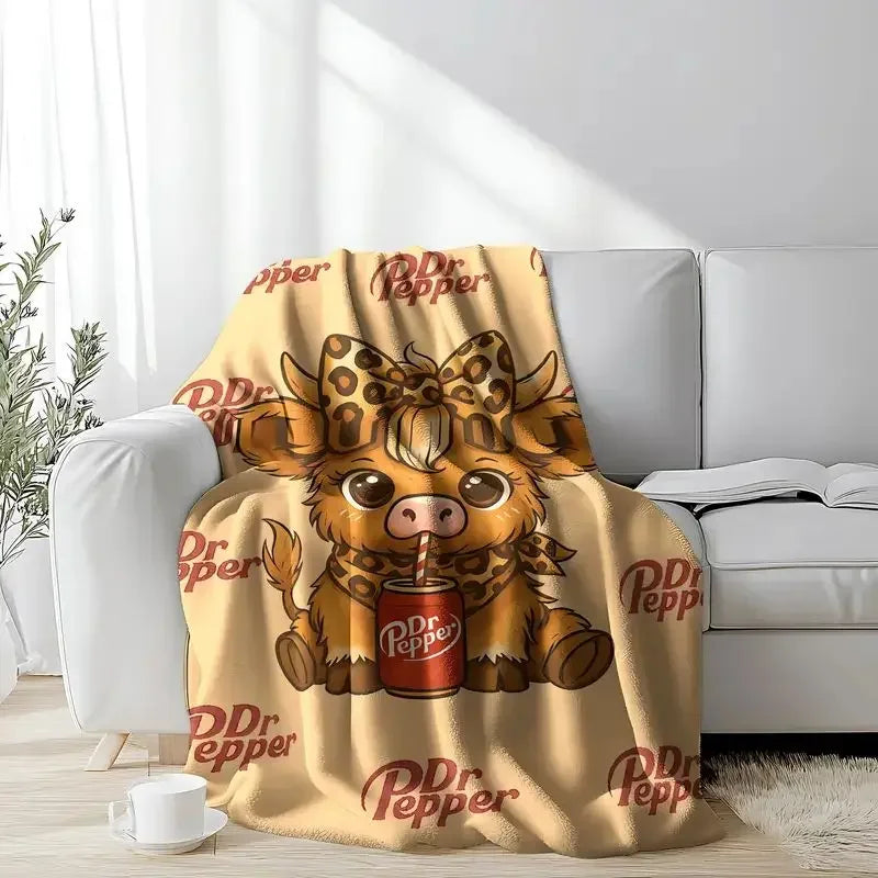 VIKAMA Dr Pepper Highland Cow Flannel Blanket | Cozy Warm Throw