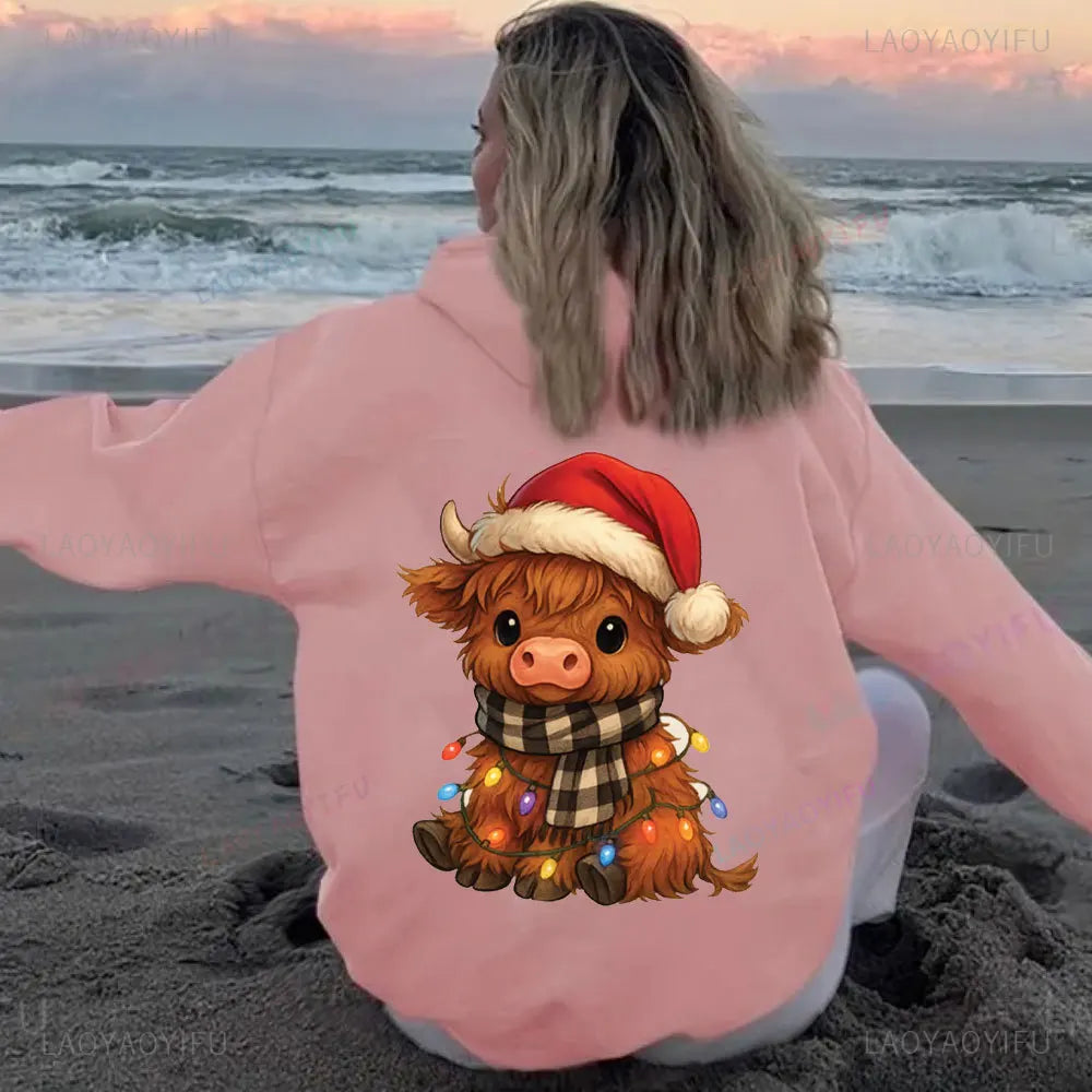 • : Highland Cow Print Hoodie for Women – Alphabet & Animal Pattern Sweatshirt with Pocket