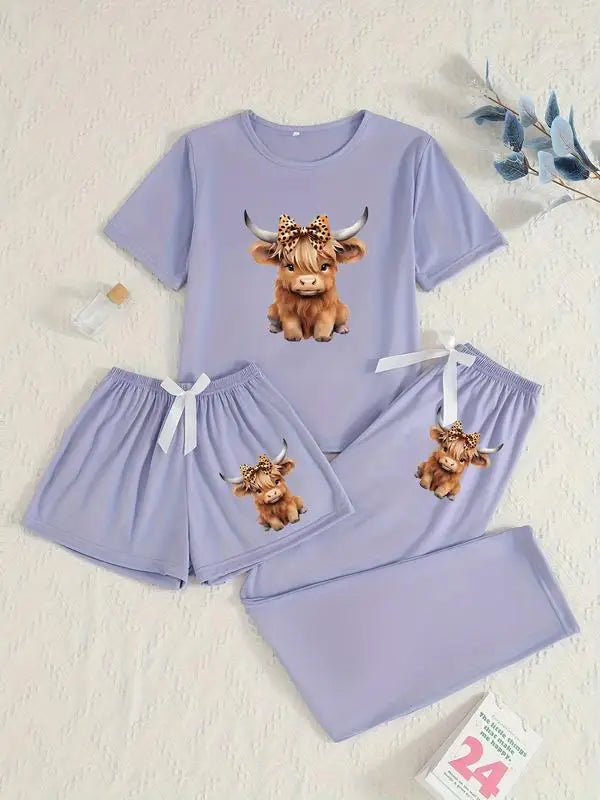 Cute Cartoon Highland Cow Pajama Set - Fitted Knit Sleepwear