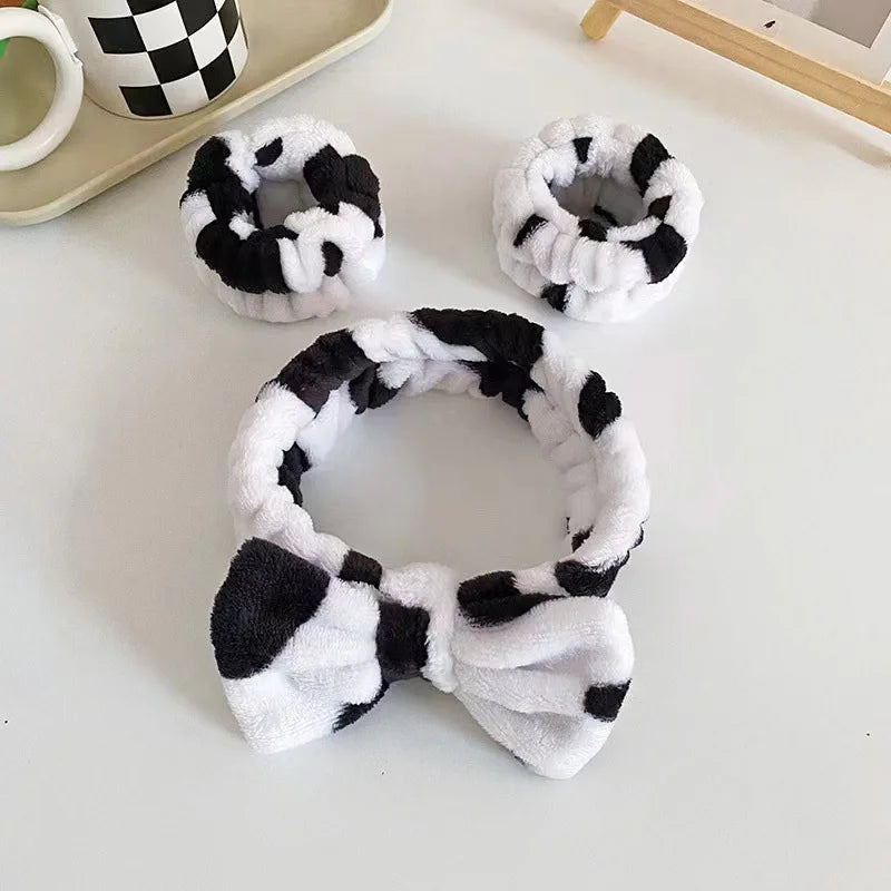 Cozy Cow Print Plush Spa Headband Set – Fluffy Skincare & Makeup Hair Accessories for Winter