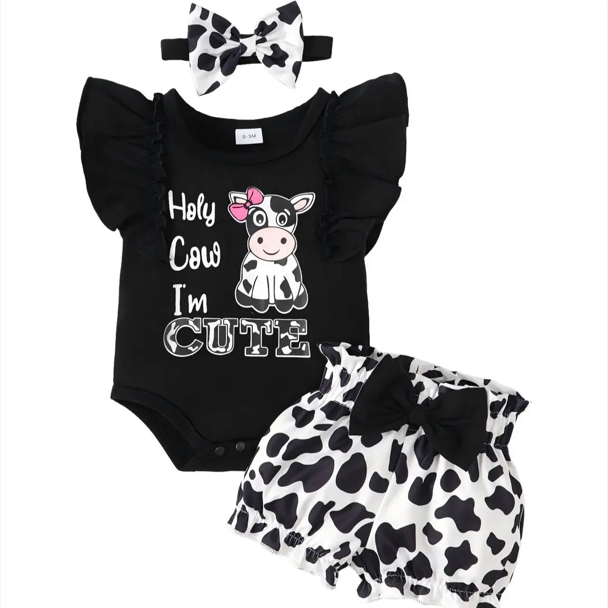 Newborn Sleeveless Romper & Cow Print Shorts 3-Piece Set