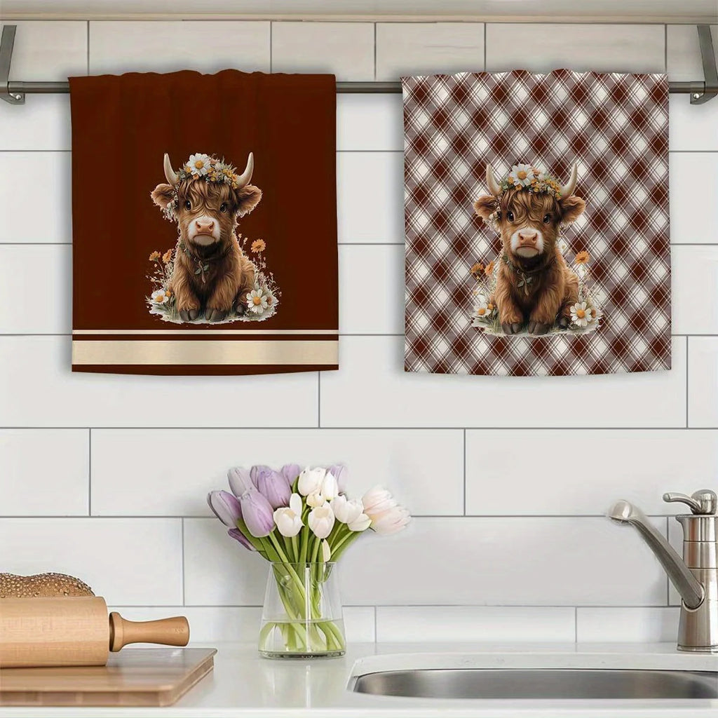 Highland Cow Brown Plaid Kitchen Towels (2-Piece Set)