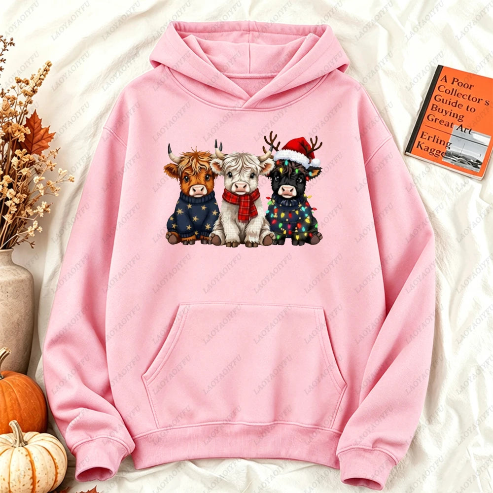 Cute Highland Cow Christmas Hoodie - Winter Holiday Pullover