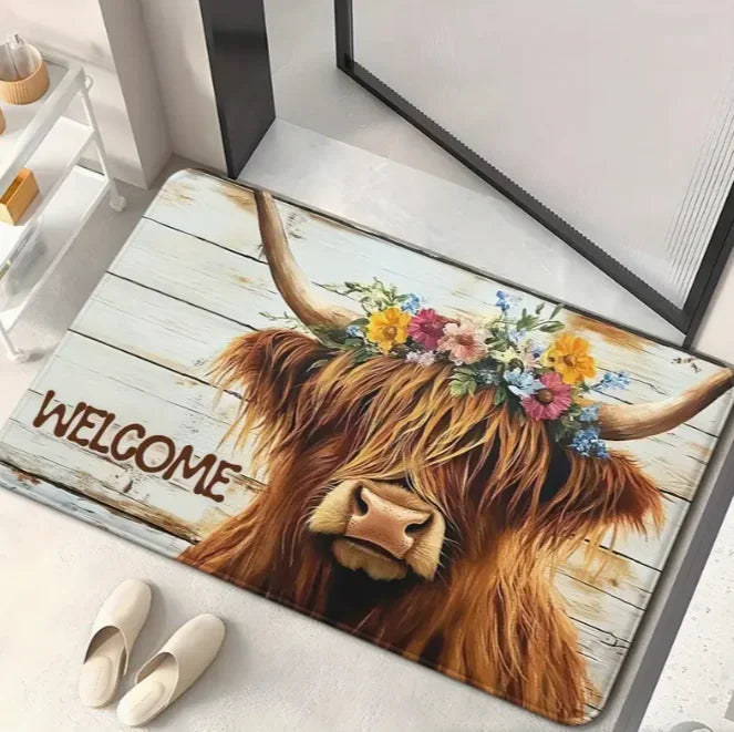 Enchanting Highland Cow Floral Welcome Mat