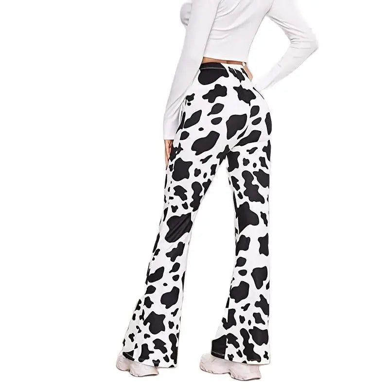 Cow Print Bell Bottom Pants - High-Waist Elastic Flare Leggings