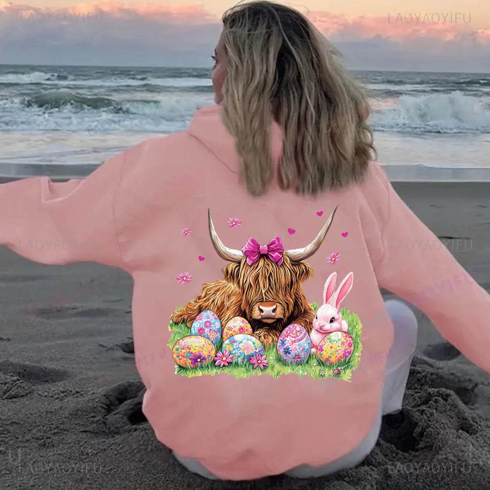 • : Highland Cow Print Hoodie for Women – Alphabet & Animal Pattern Sweatshirt with Pocket