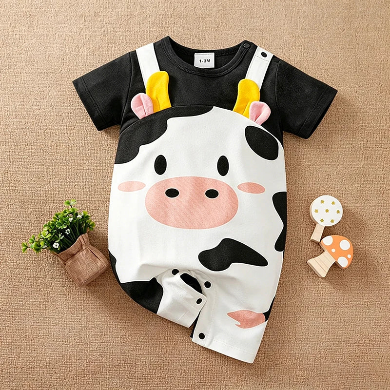 Unisex Baby Cow Horn Print Suspender Romper (0-18M)
