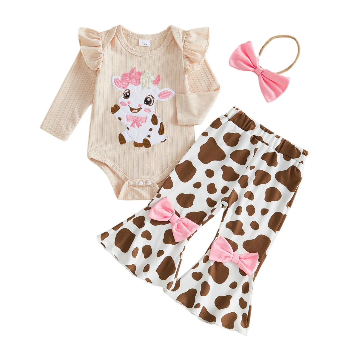 Baby Girls Western 3-Piece Outfit | Cow Embroidered Romper, Flare Pants & Headband Set