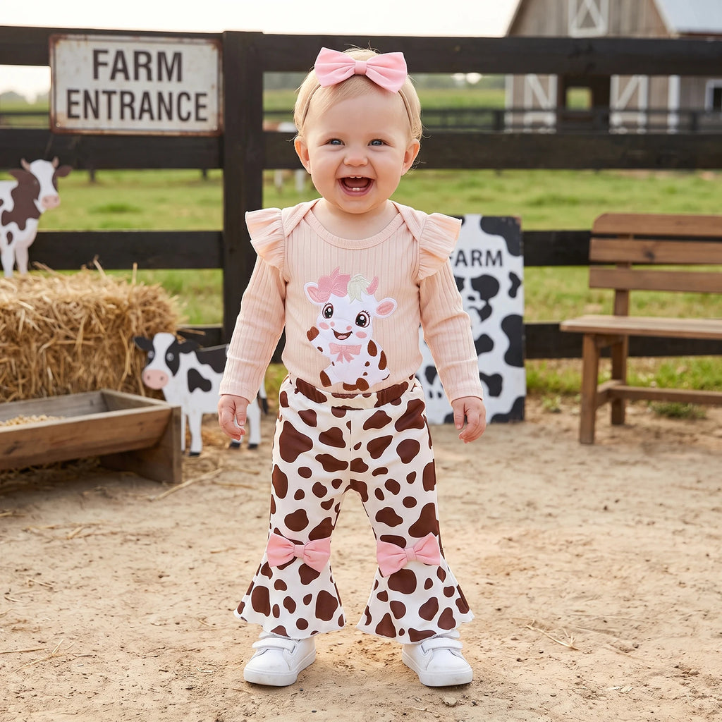 Baby Girls Western 3-Piece Outfit | Cow Embroidered Romper, Flare Pants & Headband Set