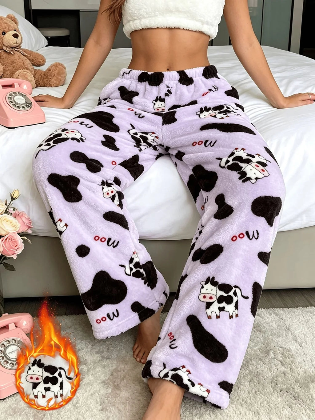 Cute Cow Print Fleece Sleep Pants - Cozy Plush Pajama Trousers