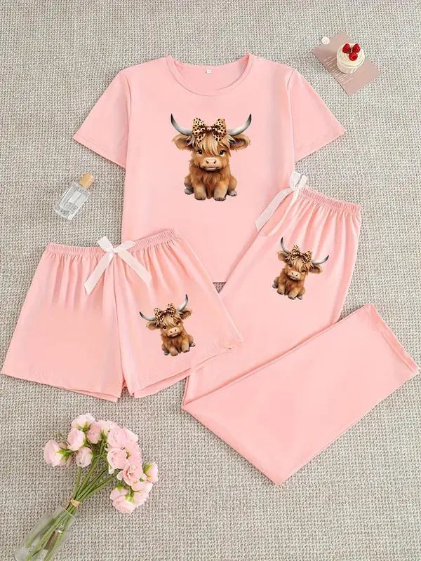 Cute Cartoon Highland Cow Pajama Set - Fitted Knit Sleepwear