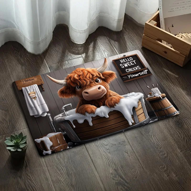Highland Cow in Bath Tub Rug | Washable Soft Bathroom Mat