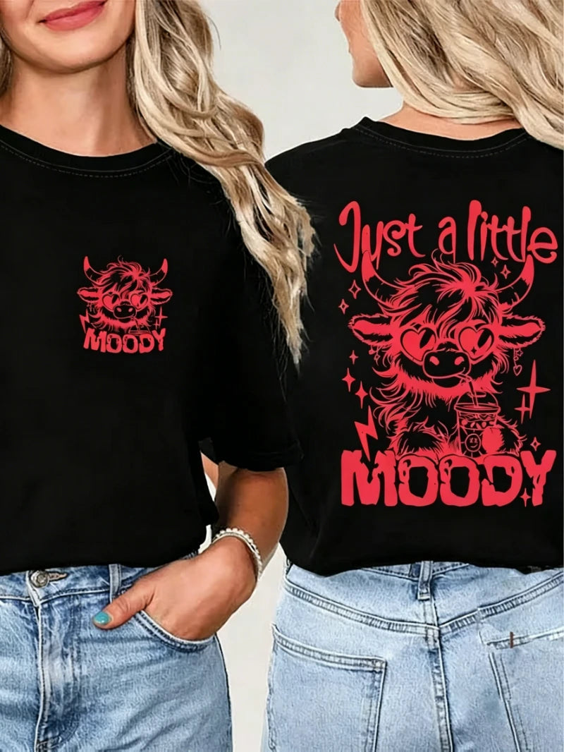 •  Highland Cow Print T-Shirt – Funny Double-Sided Sarcastic Graphic Tee for Women
