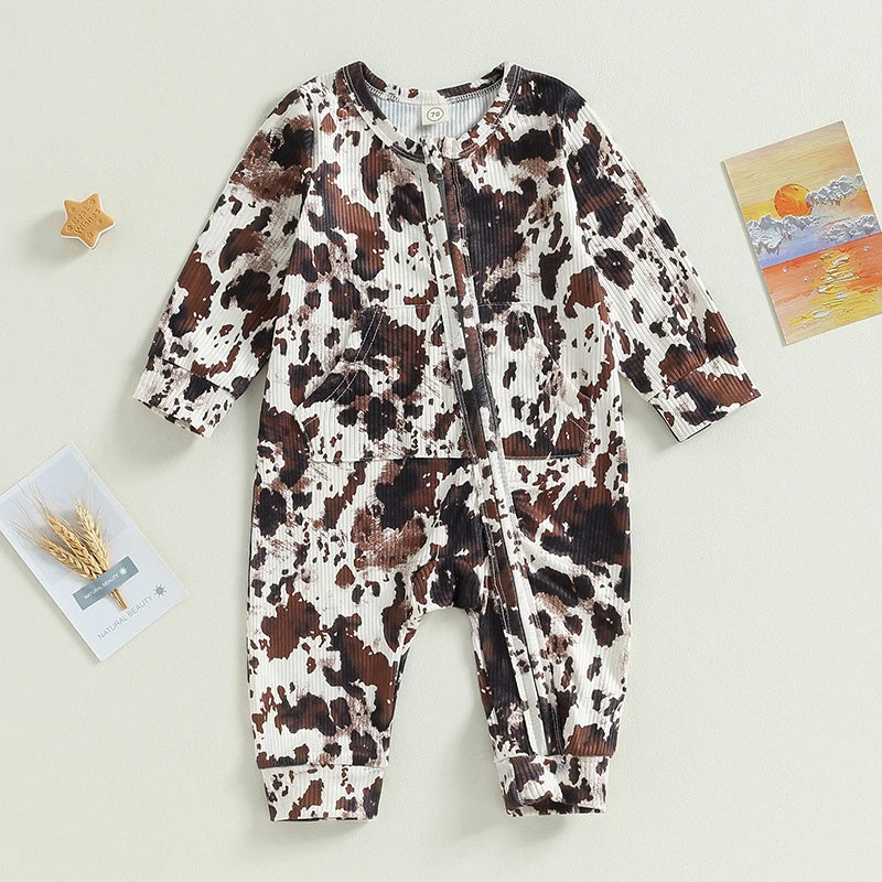 FOCUSNORM Unisex Baby Western Cow Print Long-Sleeve Zipper Jumpsuit (0-18M)