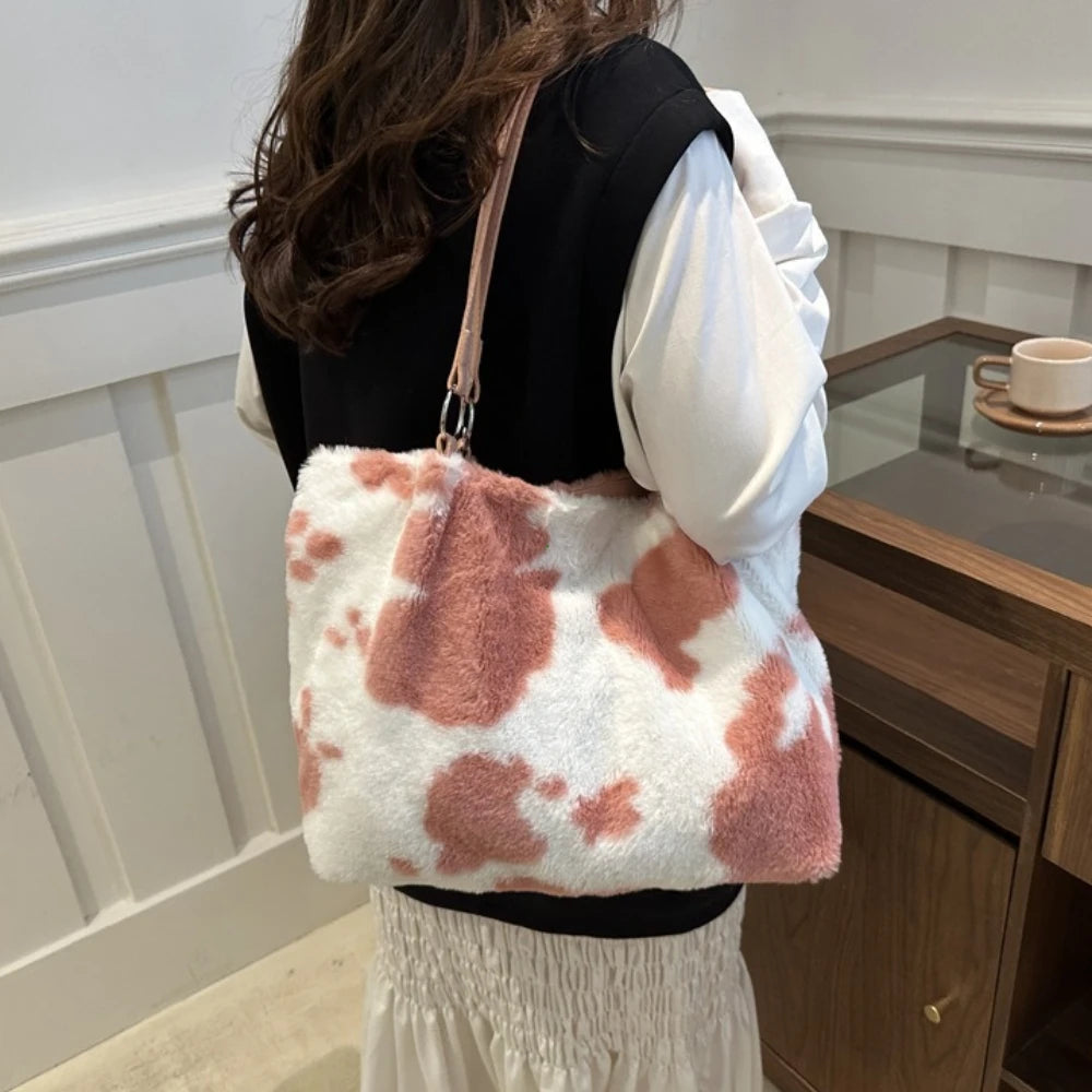 Plush Cow Print Large Capacity Tote Bag | Winter Travel Shoulder Bag