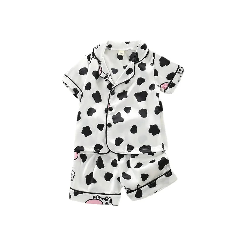 Kids Cartoon Cow Pajama Set – Short Sleeve Top & Pants Sleepwear