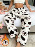Cute Cow Print Fleece Sleep Pants - Cozy Plush Pajama Trousers
