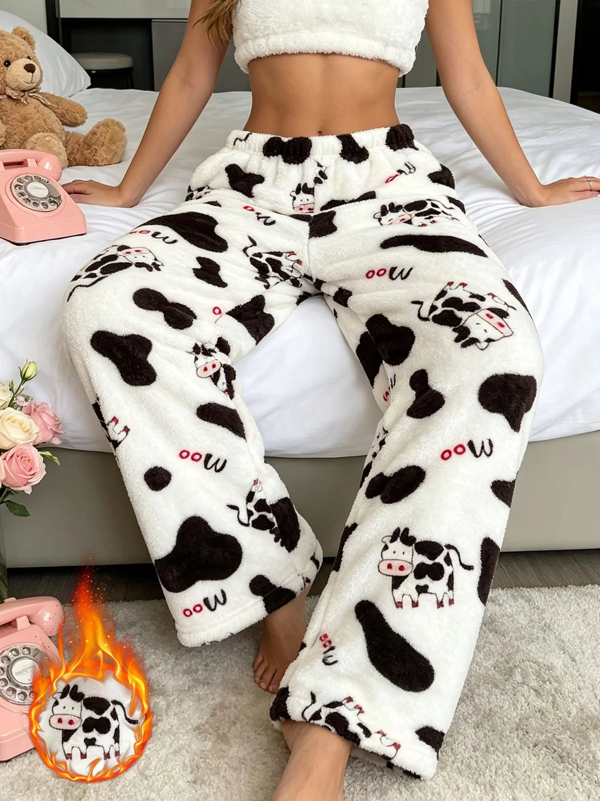 Cute Cow Print Fleece Sleep Pants - Cozy Plush Pajama Trousers