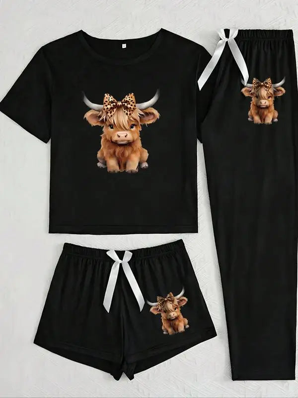 Cute Cartoon Highland Cow Pajama Set - Fitted Knit Sleepwear