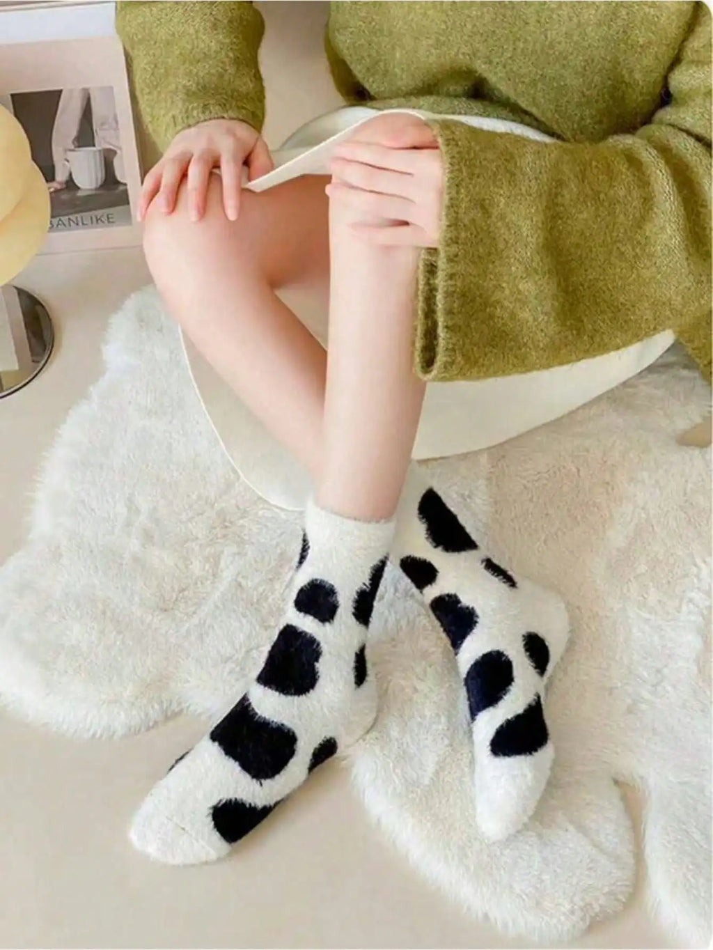 Cute Cartoon Cow Mink Velvet Socks – Soft Plush Winter Sleep Socks