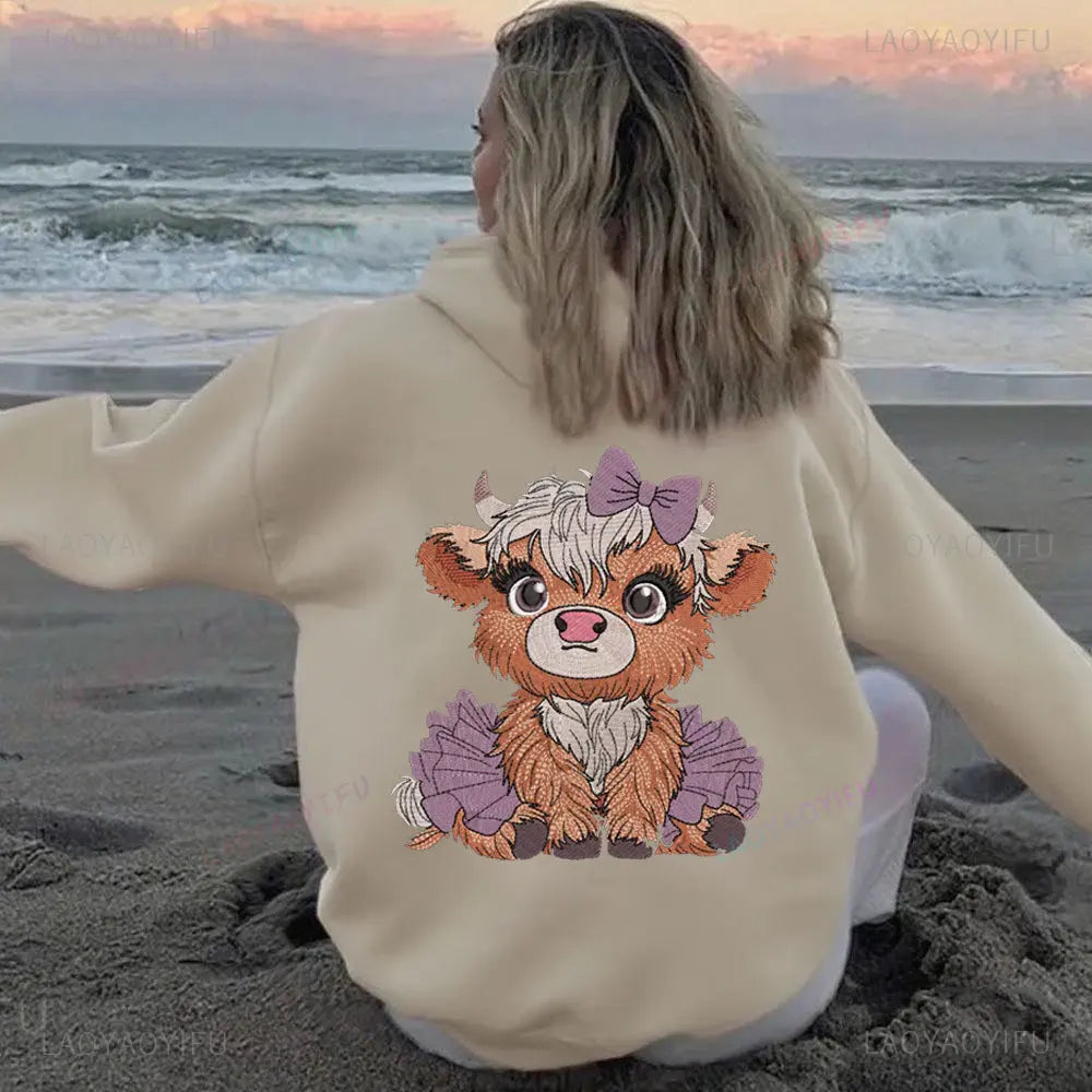• : Highland Cow Print Hoodie for Women – Alphabet & Animal Pattern Sweatshirt with Pocket