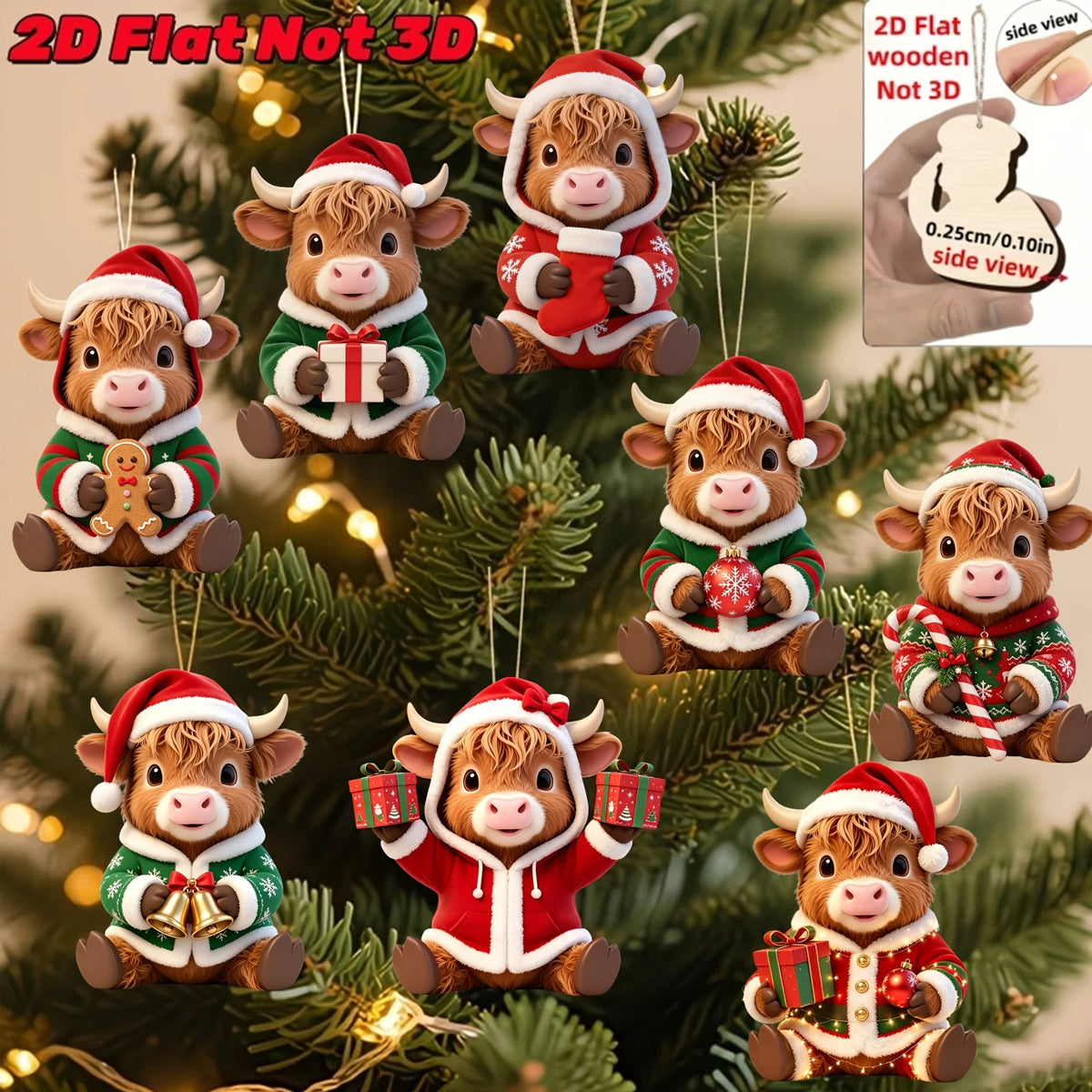 Hand-Painted Highland Cow Wooden Ornaments (8-Piece Set)