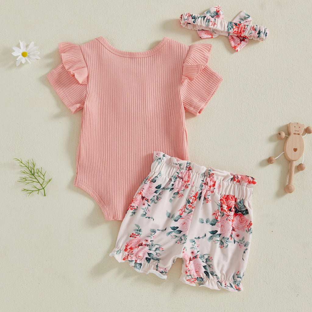 Baby Girl Cow Print & Floral Shorts Romper Set