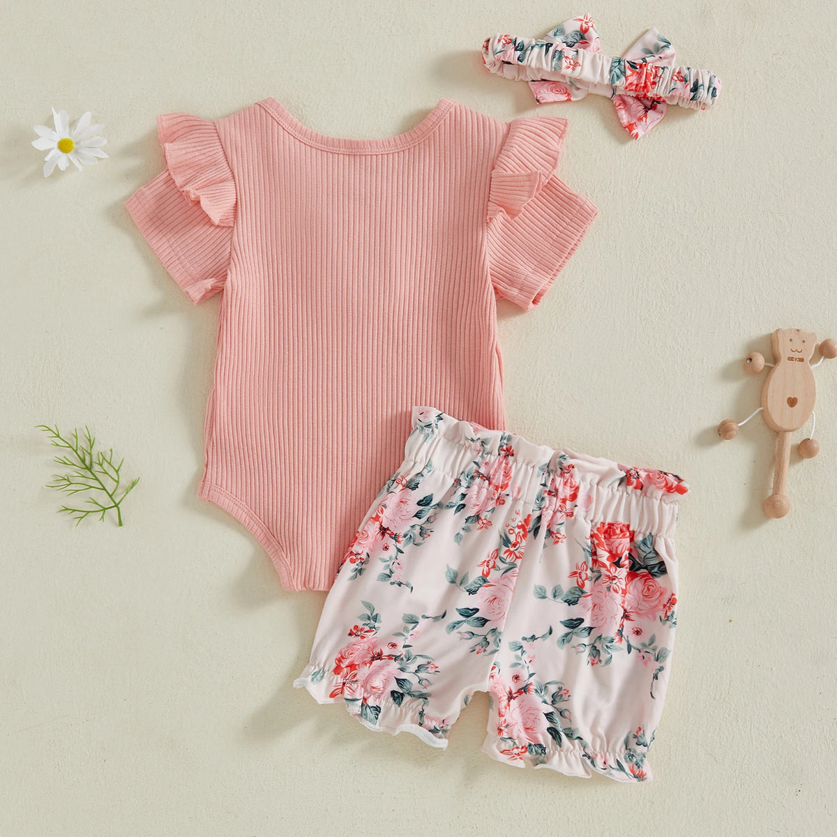 Baby Girl Cow Print & Floral Shorts Romper Set