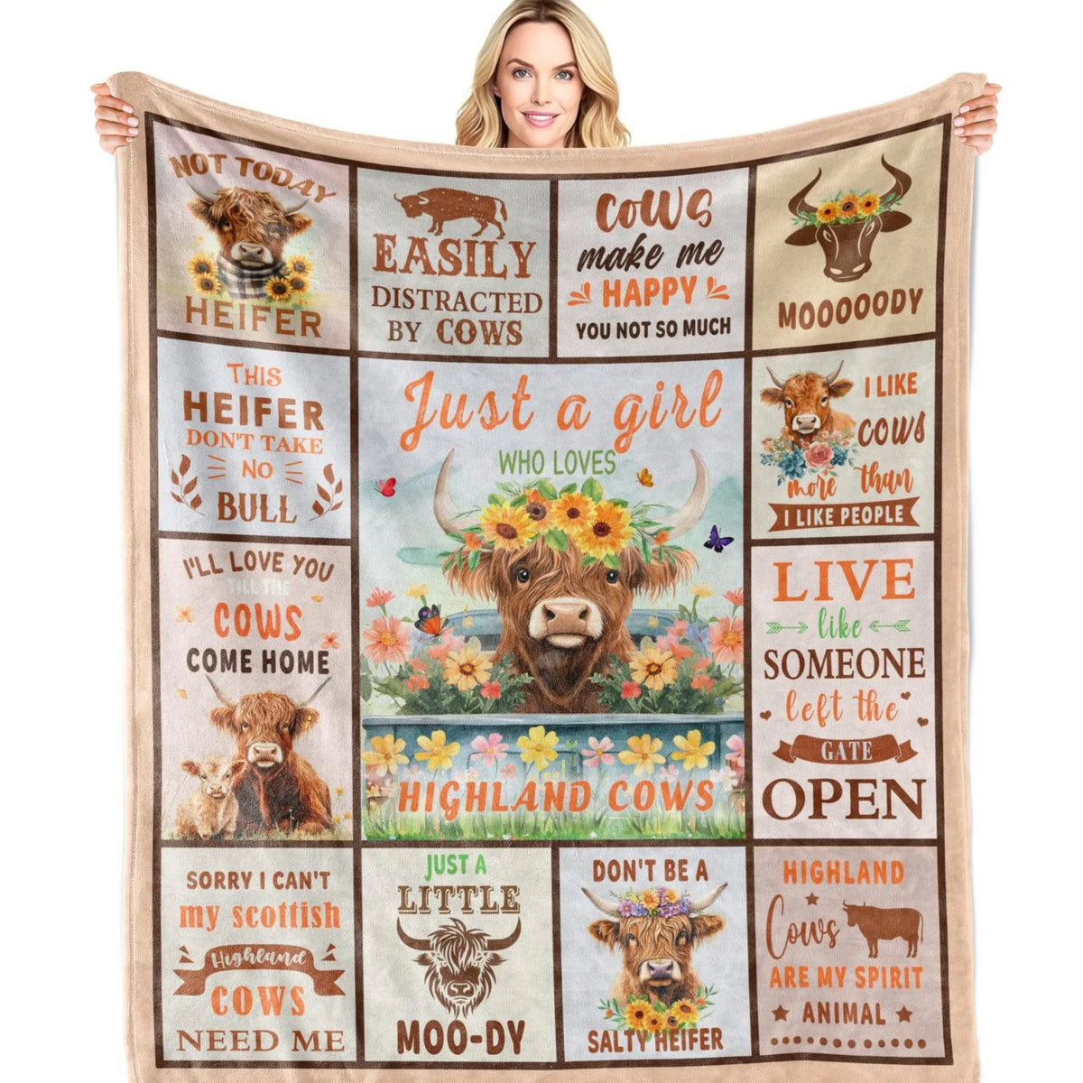 Highland Cow & Brown Floral Cozy Flannel Blanket | Farmhouse Throw