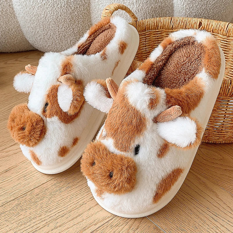 • Cute Cow Plush Slippers for Women – Fluffy Platform House Shoes & Winter Footwear
