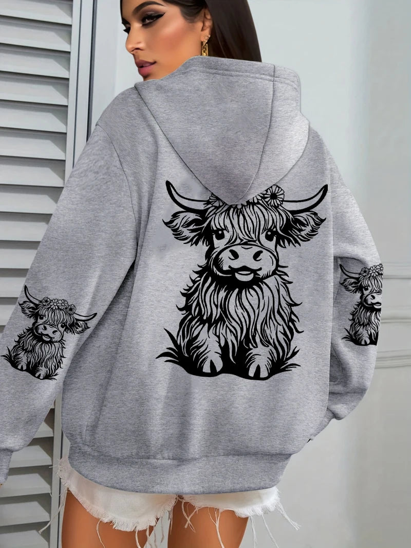 Cute Cartoon Cow Print Hoodie – Women's Winter Fleece Sweatshirt with Pocket