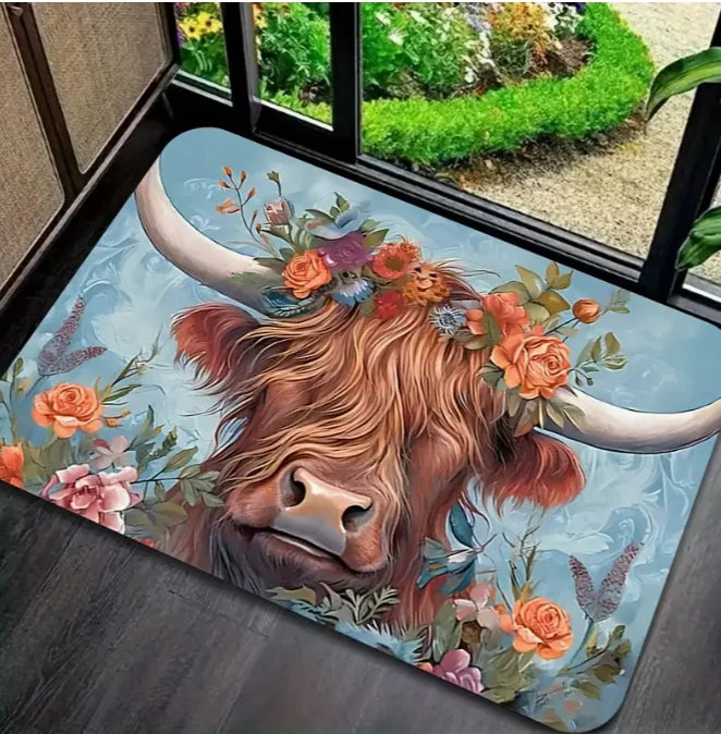 Enchanting Highland Cow Floral Welcome Mat