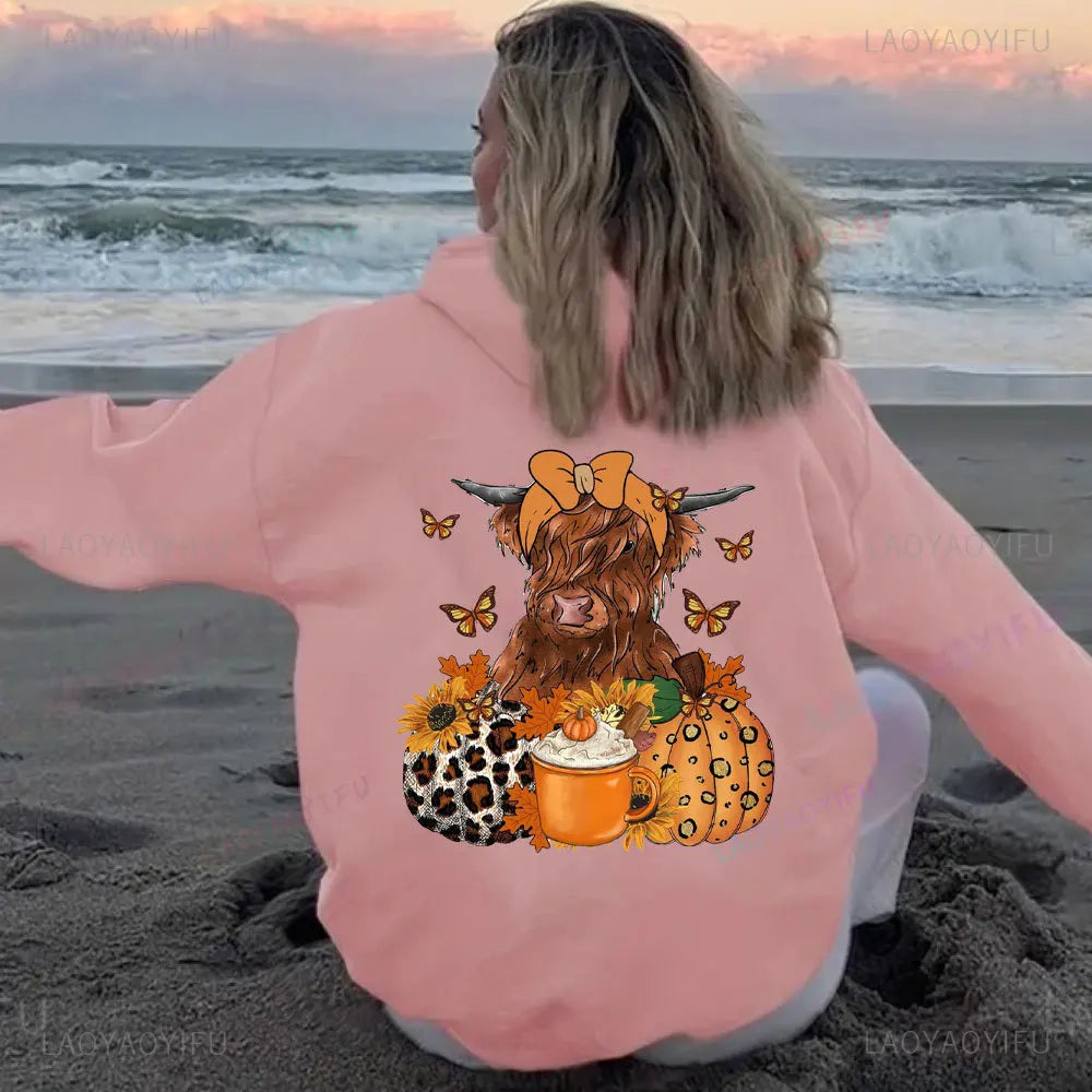 • : Highland Cow Print Hoodie for Women – Alphabet & Animal Pattern Sweatshirt with Pocket