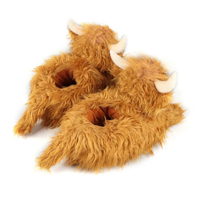 Fluffy Highland Cow Slippers - Warm Indoor Plush Slides