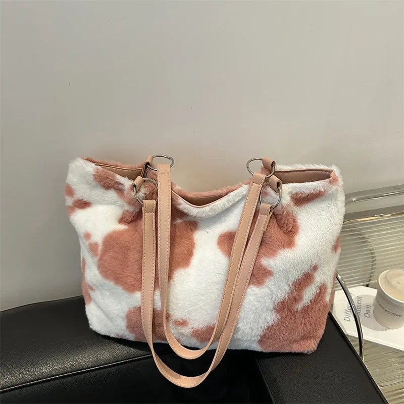 Plush Cow Print Large Capacity Tote Bag | Winter Travel Shoulder Bag